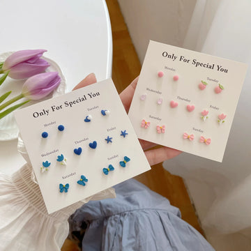 DAIIIBABYYY  -  Sweet Blue Pink Heart Butterfly Bow Flower Stud Earrings Set for Women Matte Mini Star Round Earring Earring Jewelry